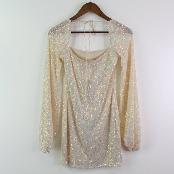 Lucy In the Sky Shantelle Sequin Long Sleeve Mini Dress in Champagne Size M - Picture 4 of 7